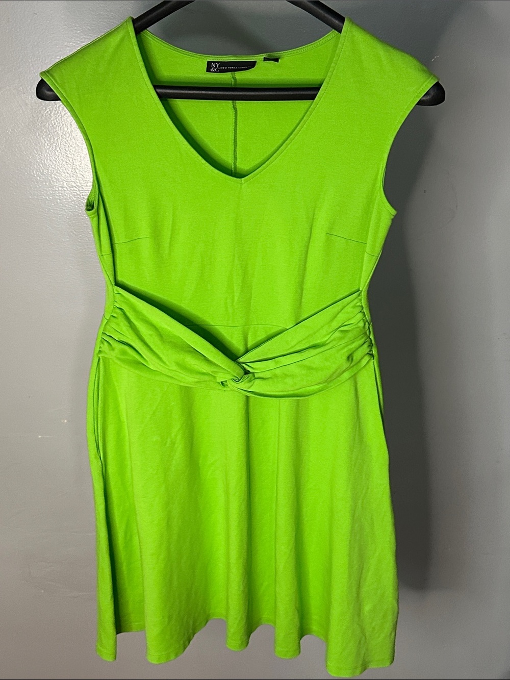 New York and Company Bright Lime Green V-Neck Twist-Waist Midi Dress